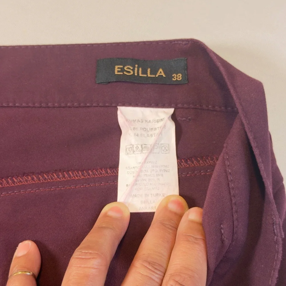 Esilla Women Plum Burgundy Crop Slim Fit Stretch Trousers Gold Zip Pockets Sz 6